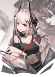 Rule 34 | 1girl, arknights, bare shoulders, choker, commentary request, crop top, horns, long hair, looking at viewer, material growth, midriff, mooofoo, mudrock (arknights), mudrock (elite ii) (arknights), navel, off shoulder, oripathy lesion (arknights), parted lips, partial commentary, pointy ears, red eyes, silver hair, smile, solo, sports bra, stomach, strap slip, upper body