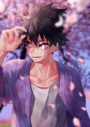 Rule 34 | 1boy, black eyes, black hair, blurry, blurry background, blurry foreground, boku no hero academia, bright pupils, buttons, cherry blossoms, cherry tree, collarbone, commentary, depth of field, falling petals, floating clothes, floating hair, hand up, jacket, ktn0515, looking to the side, lower teeth only, male focus, open clothes, open jacket, open mouth, outdoors, petals, purple jacket, sanpaku, shindou you, shirt, short hair, smile, solo, t-shirt, teeth, turning head, unbuttoned, upper body, white pupils, white shirt, wind