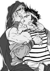 Rule 34 | 2boys, absurdres, bare shoulders, closed eyes, dio brando, earrings, egypt, highres, huang lia, hug, jewelry, jojo no kimyou na bouken, lips, long hair, male focus, monochrome, multiple boys, n&#039;doul, nail polish, pants, ring, shirt, sitting, sitting on lap, sitting on person, stardust crusaders, yaoi, yellow eyes