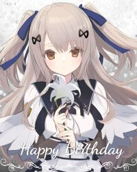 Rule 34 | 1girl, artist name, assault lily, black ribbon, blue ribbon, brown eyes, buttons, closed mouth, collared shirt, commentary request, cropped jacket, emblem, flower, gradient background, grey background, grey hair, hair between eyes, hair ornament, hair ribbon, hands up, happy birthday, highres, holding, holding flower, hotaru (ultraroly poly), layered sleeves, light blush, light smile, lily (flower), long hair, long sleeves, looking at viewer, neck ribbon, ribbon, shirt, short sleeves, solo, standing, tada shiera, two side up, underbust, upper body, very long hair, white background, white flower, white shirt