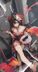 Rule 34 | 1girl, absurdres, auguste, bare legs, bare shoulders, barefoot, bell, black choker, black sash, brown hair, choker, commentary request, detached sleeves, dress, facial mark, fish, fox mask, head tilt, highres, holding, holding plate, holding spoon, honkai: star rail, honkai (series), jingle bell, long hair, looking at viewer, mask, mask on head, neck bell, o-ring, obi, pillar, pink eyes, plate, red dress, sash, short sleeves, sitting, smile, solo, sparkle (honkai: star rail), spoon, thighs, twintails, very long hair