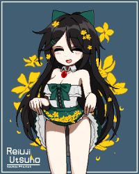 Rule 34 | 1girl, adapted costume, black hair, blue background, blush, border, bow, breasts, center frills, character name, cleavage, closed eyes, clothes lift, collar, commentary request, copyright name, detached collar, ellow flower, eyes visible through hair, feet out of frame, flower, frilled skirt, frills, green bow, green skirt, hair between eyes, hair bow, hair flower, hair ornament, highres, korean commentary, lifting own clothes, long hair, looking at viewer, medium breasts, open mouth, pixel art, reiuji utsuho, sechy, simple background, skirt, skirt basket, skirt lift, smile, solo, strapless, third eye, touhou, tube top, white border, white collar, white tube top