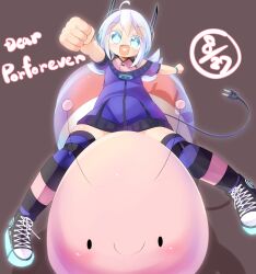 Rule 34 | 1girl, :d, black footwear, black thighhighs, blue eyes, blush, borrowed character, brown background, cable, cable tail, clenched hand, commentary request, dated, digitan (porforever), electric plug tail, fang, full body, heart, heart in mouth, highres, jacket, lets0020, long hair, looking at viewer, mechanical tail, medium bangs, open mouth, original, pink shirt, purple jacket, purple thighhighs, riding, robot ears, shirt, shoes, simple background, sitting, sleeveless, sleeveless shirt, smile, snail, sneakers, solo, striped clothes, striped thighhighs, tail, thighhighs, white hair, zipper