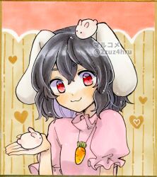 Rule 34 | 1girl, 2zuz4hru, :3, animal ears, black hair, blush, carrot necklace, closed mouth, commentary request, dress, flat chest, floppy ears, frilled sleeves, frills, hair between eyes, heart, inaba tewi, jewelry, looking at viewer, marker (medium), necklace, pink dress, puffy short sleeves, puffy sleeves, rabbit, rabbit ears, rabbit girl, red eyes, shikishi, short hair, short sleeves, smile, solo, touhou, traditional media, upper body, wavy hair
