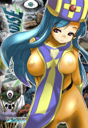 Rule 34 | 1girl, blue hair, bodysuit, breasts, cameltoe, chunsoft, covered erect nipples, dragon quest, dragon quest iii, enix, hat, large breasts, long hair, mitre, nipples, orimoto mimana, priest (dq3), red eyes, see-through, smile, solo, tabard