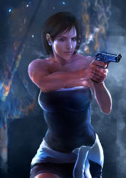 Rule 34 | 1girl, backlighting, bare shoulders, breasts, brown hair, clothes around waist, fire, gun, highres, jill valentine, large breasts, realistic, resident evil, resident evil 3: nemesis, solo, sparks, strapless, sweat, thezentlion, weapon