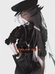 Rule 34 | 1girl, absurdres, arknights, belt, black hat, black pants, black shirt, bracer, closed mouth, commentary, cowboy shot, dragon horns, dragon tail, elbow pads, english text, expressionless, from behind, grey background, hat, highres, horns, long hair, looking at viewer, mackia, official alternate costume, orange hair, pants, police hat, profile, saria (arknights), saria (the law) (arknights), shirt, silver hair, simple background, sleeves rolled up, solo, tail