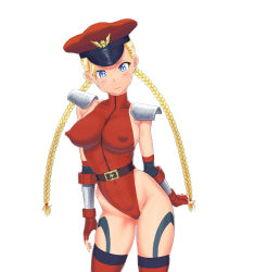 Rule 34 | 1girl, alternate costume, blonde hair, blue eyes, blush, braid, breasts, cammy white, cosplay, covered erect nipples, cowboy shot, female focus, hat, highres, large breasts, leotard, long hair, looking at viewer, m bison (cosplay), nipples, peaked cap, puffy nipples, red thighhighs, simple background, solo, standing, street fighter, thighhighs, twin braids, twintails, very long hair, white background