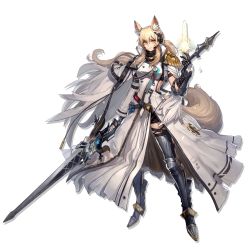 Rule 34 | 1girl, animal ear fluff, animal ears, arknights, armor, blonde hair, breasts, dress, full body, greaves, hair between eyes, hand up, headset, highres, holding, holding polearm, holding weapon, large tail, long hair, looking at viewer, medium breasts, nearl (arknights), nearl the radiant knight (arknights), official alternate costume, official art, polearm, ryuuzaki ichi, smile, solo, spear, standing, tail, transparent background, very long hair, weapon, white dress, yellow eyes