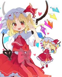 Rule 34 | 1girl, :p, ascot, blonde hair, blush, blush stickers, bow, crystal, flandre scarlet, flat chest, full body, hand up, hat, heart, laevatein (touhou), medium hair, mob cap, multiple views, one side up, puffy sleeves, ramochi, red bow, red eyes, red skirt, red vest, short sleeves, simple background, skirt, smile, tongue, tongue out, touhou, v, vest, white background, white headwear, wings
