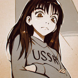 Rule 34 | 00s, 1girl, :&lt;, brown eyes, brown hair, chromatic aberration, clothes writing, crossed arms, flcl, halftone, halftone background, ilya kuvshinov, long hair, looking at viewer, looking down, monochrome, ninamori eri, raised eyebrows, shirt, solo, spot color, text focus