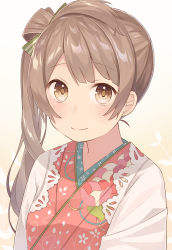 Rule 34 | 10s, 1girl, blush, bow, brown eyes, brown hair, floral print, green bow, hair bow, japanese clothes, kimono, looking at viewer, love live!, love live! school idol festival, love live! school idol project, minami kotori, nagitoki, nengajou, new year, side ponytail, smile, solo, upper body