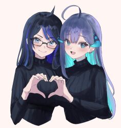 Rule 34 | 2girls, ahoge, blue eyes, blue hair, blush, closed mouth, earrings, glasses, heart, heart hands, jewelry, kson, long hair, looking at viewer, multicolored hair, multiple girls, open mouth, purple hair, rikudou yura, rikudou yura (artist), simple background, smile, sweater, turtleneck, two-tone hair, upper body, virtual youtuber, white background