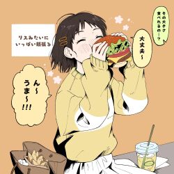 Rule 34 | 1girl, bag, blush, brown hair, burger, check translation, cheek bulge, closed eyes, commentary request, cup, disposable cup, drinking straw, food, hair ornament, hairclip, handbag, highres, maria komaki, orange background, orange theme, original, pleated skirt, potato, skirt, sweater, translation request, used tissue, white skirt, yellow sweater