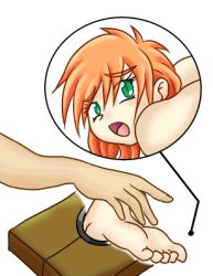 Rule 34 | animated, animated gif, barefoot, fang, feet, tickling feet, green eyes, lowres, mellowtk, orange hair, restrained, soles, stocks, tickling, toes