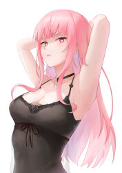 Rule 34 | 1girl, absurdres, arms behind head, arms up, black choker, black nightgown, blush, breasts, choker, cleavage, collarbone, commentary, english commentary, heart, heart in eye, highres, hololive, hololive english, large breasts, long hair, looking at viewer, mori calliope, mori calliope (sleepwear), nightgown, nose, open mouth, pink eyes, pink hair, red ribbon, ribbon, simple background, solo, symbol in eye, teeth, upper teeth only, virtual youtuber, white background, yujia