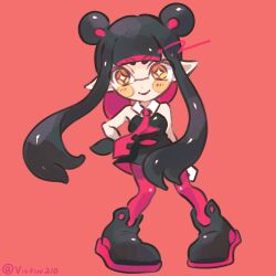 Rule 34 | 1girl, absurdres, black dress, black footwear, black hair, collar, commentary, detached collar, dress, full body, highres, inkling, inkling girl, inkling player character, long hair, necktie, nintendo, pantyhose, payayo884, pink necktie, pink pantyhose, pointy ears, red background, shoes, simple background, smile, solo, splatoon (series), star-shaped pupils, star (symbol), strapless, strapless dress, symbol-only commentary, symbol-shaped pupils, white collar, yellow eyes