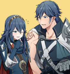 Rule 34 | 1boy, 1girl, ameno (a meno0), armor, blue cape, blue gloves, blue hair, blue sweater, blush, cape, chrom (fire emblem), crests (fire emblem), father and daughter, fingerless gloves, fire emblem, fire emblem awakening, flying sweatdrops, gloves, grey gloves, hair between eyes, height difference, long hair, long sleeves, lower teeth only, lucina (fire emblem), nintendo, one eye closed, open mouth, pauldrons, red cape, ribbed sweater, short hair, shoulder armor, simple background, single pauldron, single sleeve, smile, sweatdrop, sweater, teeth, turtleneck, turtleneck sweater, two-tone cape, upper teeth only, yellow background