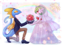 Rule 34 | 1boy, 1girl, absurdres, backless dress, backless outfit, bare shoulders, black footwear, black jacket, black skin, blue gemstone, blue skin, blurry, blush, bob cut, bokeh, border, bouquet, bow, bowtie, bridal veil, bride, bright pupils, brown pants, character name, closed mouth, colored skin, creatures (company), depth of field, dress, earrings, elbow gloves, english text, fins, flat chest, flower, from side, full body, furry, furry male, furry with non-furry, game freak, gardevoir, gem, gen 3 pokemon, gen 8 pokemon, gloves, green hair, grey gemstone, grey headwear, groom, half-closed eyes, hands up, happy, head fins, height difference, hetero, highres, holding, holding bouquet, inteleon, interspecies, jacket, jewelry, kneeling, light particles, lizard tail, long dress, long sleeves, mega gardevoir, mega pokemon, multicolored skin, necklace, nintendo, on one knee, outside border, pants, pearl necklace, petals, pokemon, pokemon (creature), profile, rainbow, red bow, red bowtie, red eyes, red flower, red rose, reptile boy, rose, see-through, shii (no-va could), shoes, short hair, smile, standing, strapless, strapless dress, tail, tears, tiara, traditional bowtie, two-tone skin, veil, wedding, wedding dress, white border, white dress, white pupils, white skin, yellow eyes