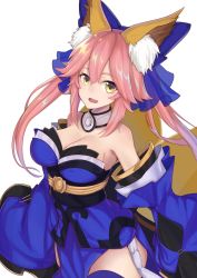 Rule 34 | absurdres, animal ears, bare shoulders, blue ribbon, blue thighhighs, bow, breasts, cleavage, commentary request, detached sleeves, fang, fate/grand order, fate (series), fox ears, fox tail, hair bow, hair ribbon, highres, japanese clothes, kuroanmitu96, large breasts, long hair, looking at viewer, multiple tails, open mouth, pink hair, ribbon, simple background, solo, tail, tamamo (fate), tamamo no mae (fate/extra), thighhighs, thighs, white background, yellow eyes