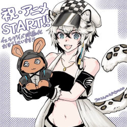 Rule 34 | 1girl, :d, animal ears, arknights, armband, bandeau, cabbie hat, cliffheart (arknights), commentary request, grey eyes, hat, jacket, leopard ears, leopard tail, looking at viewer, midriff, navel, open clothes, open jacket, open mouth, sleeveless, sleeveless jacket, smile, solo, stomach, stuffed animal, stuffed rabbit, stuffed toy, tail, touno (akarino), translation request, white hair, white hat
