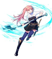 Rule 34 | 1girl, axe, battle axe, belt, blue thighhighs, boots, breasts, dress, energy, female focus, fire emblem, fire emblem: three houses, fire emblem heroes, full body, garreg mach monastery uniform, highres, hilda valentine goneril, holding, holding axe, holding weapon, knee boots, large breasts, long hair, matching hair/eyes, nintendo, non-web source, official art, open mouth, pink eyes, pink hair, short dress, skirt, sleeves rolled up, smile, solo, sword, thighhighs, thighhighs under boots, thighs, transparent background, twintails, weapon, zettai ryouiki