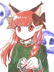 Rule 34 | 1girl, :3, alternate hairstyle, animal ears, bow, braid, cat ears, dress, extra ears, flaming skull, floating skull, green dress, hair bow, hair down, highres, hitodama, kaenbyou rin, long hair, long sleeves, looking at viewer, pointy ears, puffy sleeves, red eyes, red hair, solo, tama (hiroshige 36), touhou, twin braids, upper body