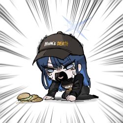 Rule 34 | 1girl, alternate costume, apron, baseball cap, blue archive, blue halo, brown apron, brown hat, burger, crying, crying with eyes open, english text, food, halo, hat, highres, long hair, mom&#039;s touch, saori (blue archive), solo, tears, thethe911, white background