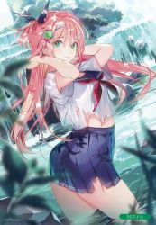 Rule 34 | 1girl, absurdres, artist name, dsmile, hair ornament, highres, long hair, looking at viewer, outdoors, partially submerged, pink hair, pleated skirt, scan, school uniform, simple background, skirt, solo, sparkle, torn clothes, wading, water, wet
