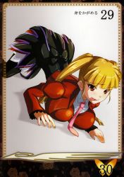 Rule 34 | absurdres, all fours, asmodeus (umineko), ass, blonde hair, highres, hobby japan, necktie, nimu, no naku koro ni (series), parody, queen&#039;s blade, queen&#039;s blade lost worlds, red eyes, ryuukishi07, solo, stakes of purgatory, thighhighs, thighs, tongue, twintails, umineko no naku koro ni