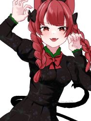 Rule 34 | 1girl, :d, absurdres, animal ears, aoringo orin, black bow, black dress, blush, bow, bowtie, breasts, cat day, cat ears, cat girl, cat tail, commentary, dress, fang, hair bow, highres, kaenbyou rin, long sleeves, looking at viewer, multiple tails, nekomata, open mouth, red bow, red bowtie, simple background, smile, solo, tail, touhou, two tails, white background
