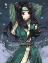Rule 34 | 1boy, adjusting hair, androgynous, arms behind head, artist request, black hair, brown eyes, cowboy shot, gender request, genderswap, haku (naruto), headband, japanese clothes, kimono, layered sleeves, long hair, male focus, naruto, naruto (series), needle, outdoors, snow, snowing, solo, standing, trap