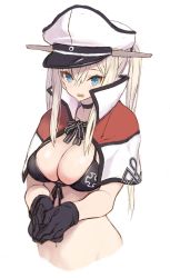 Rule 34 | 1girl, black bra, black gloves, blonde hair, blue eyes, bra, breasts, capelet, cropped torso, gloves, goekawa, graf zeppelin (kancolle), hair between eyes, hat, highres, kantai collection, large breasts, long hair, navel, open mouth, peaked cap, sidelocks, simple background, solo, twintails, underwear, white background