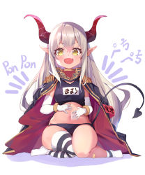 Rule 34 | 1girl, :d, absurdres, armband, bad id, bad pixiv id, bandaid, bandaid on leg, black jacket, black one-piece swimsuit, blush, breasts, curled horns, demon girl, demon horns, demon tail, elbow gloves, emma august, epaulettes, fang, full body, gloves, grey hair, hands on own stomach, highres, horns, jacket, jacket on shoulders, kokuri89490047, long hair, long sleeves, looking at viewer, name tag, navel, nijisanji, no shoes, old school swimsuit, one-piece swimsuit, open mouth, pointy ears, school swimsuit, shadow, simple background, single sock, single thighhigh, small breasts, smile, socks, solo, stomach, striped clothes, striped socks, striped thighhighs, swimsuit, tail, tail raised, thighhighs, translation request, very long hair, virtual youtuber, white background, white gloves, yellow eyes