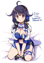 Rule 34 | 1girl, bandeau, black gloves, blue bandeau, blue skirt, blush, breasts, cleavage, cosplay, cropped jacket, dated, gloves, gotland (kancolle), gotland (kancolle) (cosplay), hair between eyes, hair flaps, jacket, kantai collection, large breasts, long hair, low twintails, navel, odawara hakone, one-hour drawing challenge, parted lips, purple hair, race queen, red eyes, short sleeves, simple background, sitting, skirt, solo, taigei (kancolle), twintails, twitter username, wariza, white background, white jacket