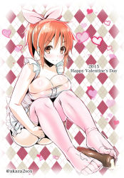 Rule 34 | &gt;:), 10s, 1girl, 2015, abe nana, akaza, apron, argyle, argyle background, argyle clothes, blush, body blush, bow, breast press, breasts, brown hair, bursting breasts, cleavage, collarbone, feet, footjob, hair bow, happy valentine, heart, idolmaster, idolmaster cinderella girls, large breasts, looking at viewer, matching hair/eyes, naked apron, no shoes, orange eyes, orange hair, panties, pink thighhighs, sexually suggestive, short hair, sitting, smile, solo, thighhighs, toes, twitter username, underwear, v-shaped eyebrows, valentine, white panties