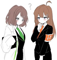 Rule 34 | 2girls, armband, black suit, black vest, blue eyes, blush, brown hair, clipboard, collared shirt, commentary request, cowlick, formal, grey eyes, hair ornament, hairclip, highres, hod (project moon), lab coat, limbus company, lobotomy corporation, long hair, long sleeves, look-alike, migishita, multiple girls, necktie, project moon, shirt, short hair, shrenne (project moon), suit, vest, white shirt