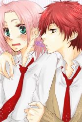 Rule 34 | blush, green eyes, haruno sakura, misaki726, naruto (series), naruto shippuuden, pink hair, red hair, sasori (naruto), school uniform, whispering