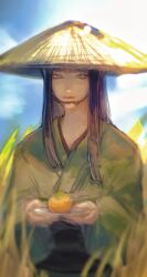 Rule 34 | 1girl, black hair, blue sky, blunt bangs, blunt ends, blurry, cloud, dated, day, final fantasy, final fantasy xiv, food, fruit, grass, green eyes, green kimono, hat, highres, holding, holding plate, hyur, japanese clothes, kimono, light smile, long hair, looking at viewer, obi, outdoors, owari (26593762), persimmon, plate, rice hat, sash, sidelocks, signature, sketch, sky, solo, straight hair, straw hat, upper body, wide sleeves, yotsuyu goe brutus