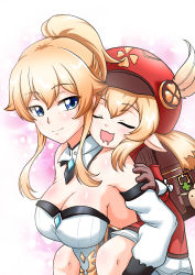 Rule 34 | 2girls, :d, absurdres, ahoge, armpits, atawatsho, backpack, bag, bare shoulders, blonde hair, blue eyes, blush, breasts, brown gloves, cabbie hat, carrying, carrying person, cleavage, coat, collarbone, detached collar, dodoco (genshin impact), drooling, eyebrows hidden by hair, eyes visible through hair, genshin impact, gloves, gradient background, hair between eyes, hat, hat feather, hat ornament, highres, jean (genshin impact), klee (genshin impact), large breasts, light brown hair, long hair, long sleeves, looking at another, low twintails, multiple girls, neck, off shoulder, open mouth, piggyback, pointy ears, ponytail, randoseru, red coat, sidelocks, simple background, size difference, sleeping, sleeping on person, smile, strapless, twintails, upper body, yuri
