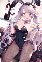 1girl, alcohol, animal ears, armband, armpits, bangs, black footwear, blush, bottle, bow, breasts, brown legwear, bunny ears, cleavage, commentary request, couch, cup, drinking glass, eyebrows visible through hair, fake animal ears, fishnet legwear, fishnets, hair bow, hair ribbon, headband, high heels, highlights, highres, holding, holding plate, kat (bu-kunn), kneeling, long hair, looking at viewer, medium breasts, multicolored hair, original, pantyhose, patent heels, pink hair, plate, playboy bunny, pumps, purple eyes, ribbon, shoes, silver hair, smile, solo, streaked hair, swept bangs, twintails, v, very long hair, wine, wine bottle, wine glass, wrist cuffs