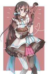 Rule 34 | 1boy, :q, androgynous, apron, asymmetrical legwear, black thighhighs, blue bow, blue necktie, border, bow, brown eyes, brown hair, brown skirt, brown sleeves, chocolate, crossdressing, frilled skirt, frills, hair between eyes, hair bow, hair ornament, heart, heart hair ornament, highres, kirito, kirito (sao-ggo), layered skirt, long hair, male focus, mismatched legwear, necktie, outside border, short necktie, short sleeves, shoura, skirt, solo, standing, striped bow, striped clothes, striped thighhighs, sword art online, thighhighs, tongue, tongue out, trap, vertical-striped clothes, vertical-striped thighhighs, very long hair, white apron, white border, white thighhighs, wing collar, zettai ryouiki