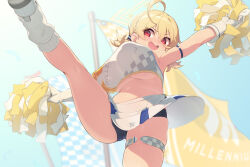 Rule 34 | 1girl, ?, ahoge, armlet, blonde hair, blue archive, blush, breasts, cheerleader, commentary request, halo, highres, kotori (blue archive), kotori (cheer squad) (blue archive), large breasts, long hair, looking to the side, millennium cheerleader outfit (blue archive), navel, open mouth, outstretched arms, plump, pom pom (cheerleading), red eyes, sgt-jz, short twintails, skirt, socks, solo, standing, standing on one leg, thick thighs, thighlet, thighs, triangle halo, twintails, white skirt, white socks, yellow halo