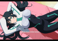 Rule 34 | 1girl, absurdres, arms behind head, arms up, black bodysuit, black hair, blush, bodysuit, breasts, copyright name, covered navel, green eyes, gundam, gundam build divers, gundam build divers re:rise, hair between eyes, highres, impossible bodysuit, impossible clothes, large breasts, long hair, long sleeves, looking at viewer, lying, may (gundam build divers re:rise), shrug (clothing), skin tight, solo