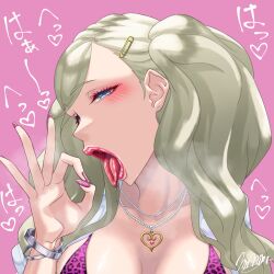 Rule 34 | 1girl, animal print, bikini, blonde hair, blue eyes, blush, bracelet, breasts, earrings, fellatio gesture, gyaru, hair ornament, hairclip, half-closed eyes, hand up, heart, heart necklace, highres, jewelry, large breasts, leopard print, long hair, looking at viewer, marth-chan (micaiah mrmm), necklace, open clothes, open shirt, persona, persona 5, pink background, print bikini, purple nails, red lips, saliva, shirt, signature, simple background, solo, sound effects, stud earrings, swimsuit, takamaki anne, tongue, tongue out, twintails, upper body, white shirt