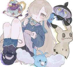 Rule 34 | 1girl, :o, bike shorts, blue flower, blue hair, blush, creatures (company), cup, faoru ofuton, flower, game freak, gen 3 pokemon, gen 5 pokemon, gen 7 pokemon, gen 8 pokemon, grey eyes, grey hair, hair flower, hair ornament, hair over one eye, highres, holding, holding cup, isekai joucho, jacket, kamitsubaki studio, lampent, long hair, looking at viewer, mimikyu, multicolored hair, nintendo, pokemon, pokemon (creature), saucer, shoes, simple background, sinistea, sitting, sneakers, swablu, teacup, track jacket, two-tone hair, very long hair, virtual youtuber, white background