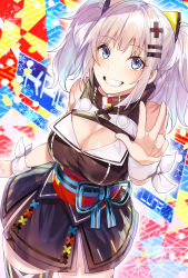 Rule 34 | 1girl, absurdres, artist name, bare shoulders, blue eyes, breasts, cleavage, cleavage cutout, clothing cutout, dress, grin, hair ornament, hairclip, highres, kaguya luna, kanniiepan, looking at viewer, open mouth, silver hair, sleeveless, sleeveless dress, smile, solo, standing, the moon studio, thighhighs, twintails, virtual youtuber, w, white background