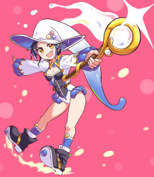Rule 34 | 1girl, black footwear, black hair, blue headwear, blue socks, breasts, brown eyes, cleavage cutout, clothing cutout, commentary, cougar (cougar1404), gradient hat, holding, holding staff, large hat, leaning forward, leotard, long sleeves, looking at viewer, open mouth, original, outstretched arms, pink background, shoes, short hair, small breasts, socks, solo, spread arms, staff, standing, two-sided fabric, two-sided headwear, white hair, white headwear, white leotard, zelily (cougar1404)