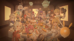 Rule 34 | 4boys, 6+girls, :d, absurdres, aether (genshin impact), albedo (genshin impact), amber (genshin impact), animal, animal ears, animal hug, antenna hair, arepko, barbara (genshin impact), beer mug, bench, blunt bangs, braid, braided ponytail, breasts, cake, cat, cat ears, cat girl, cat tail, chicken-mushroom skewer (genshin impact), chicken (food), cleavage, cocktail glass, commentary request, croquette, cup, detached sleeves, diluc (genshin impact), diona (genshin impact), drink, drinking glass, eula (genshin impact), fish (food), fisheye, floating, food, genshin impact, habit, hair between eyes, halo, highres, holding, holding cup, huge filesize, jean (genshin impact), kaeya (genshin impact), klee (genshin impact), light purple hair, lisa (genshin impact), long hair, long sleeves, looking at viewer, looking back, low twintails, lumine (genshin impact), meat, mechanical halo, mug, multiple boys, multiple girls, no headwear, noelle (genshin impact), nun, open mouth, orange eyes, paimon (genshin impact), plate, pointy ears, ponytail, pudding, rosaria (genshin impact), sandwich, seelie (genshin impact), short hair, short sleeves, sidelocks, single braid, skewer, slime (genshin impact), smile, steak, sucrose (genshin impact), table, tail, thighhighs, twintails, vision (genshin impact), wine glass, wooden cup, zettai ryouiki