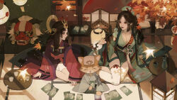 Rule 34 | 2girls, alcohol, animal, arm support, bell, blunt ends, blunt tresses, branch, breasts, card, cat, character request, cleavage, clothed animal, cup, dappled sunlight, detached sleeves, eye print, eyeliner, falling leaves, forehead protector, from above, full body, green headwear, green kimono, hair ribbon, hakama, hand up, haori, hat, headgear, highres, hime cut, holding, holding card, holding smoking pipe, indoors, iotaectoplasm, japanese clothes, jewelry, jingle bell, kimono, kiseru, lantern, large breasts, leaf, leg ribbon, light particles, lion dance, long hair, looking at another, looking to the side, makeup, maple leaf, multiple girls, nail polish, necklace, obi, off shoulder, on floor, onmyoji, paper lantern, parted bangs, petals, playing card, red kimono, red nails, ribbon, ribbon-trimmed sleeves, ribbon trim, sake, sash, shishimai, short eyebrows, sidelocks, sitting, smoking pipe, sunlight, table, tatami, thigh ribbon, thighhighs, tokkuri, tray, tress ribbon, very long hair, war, white thighhighs, wide sleeves, wind chime, window shadow, yokozuwari